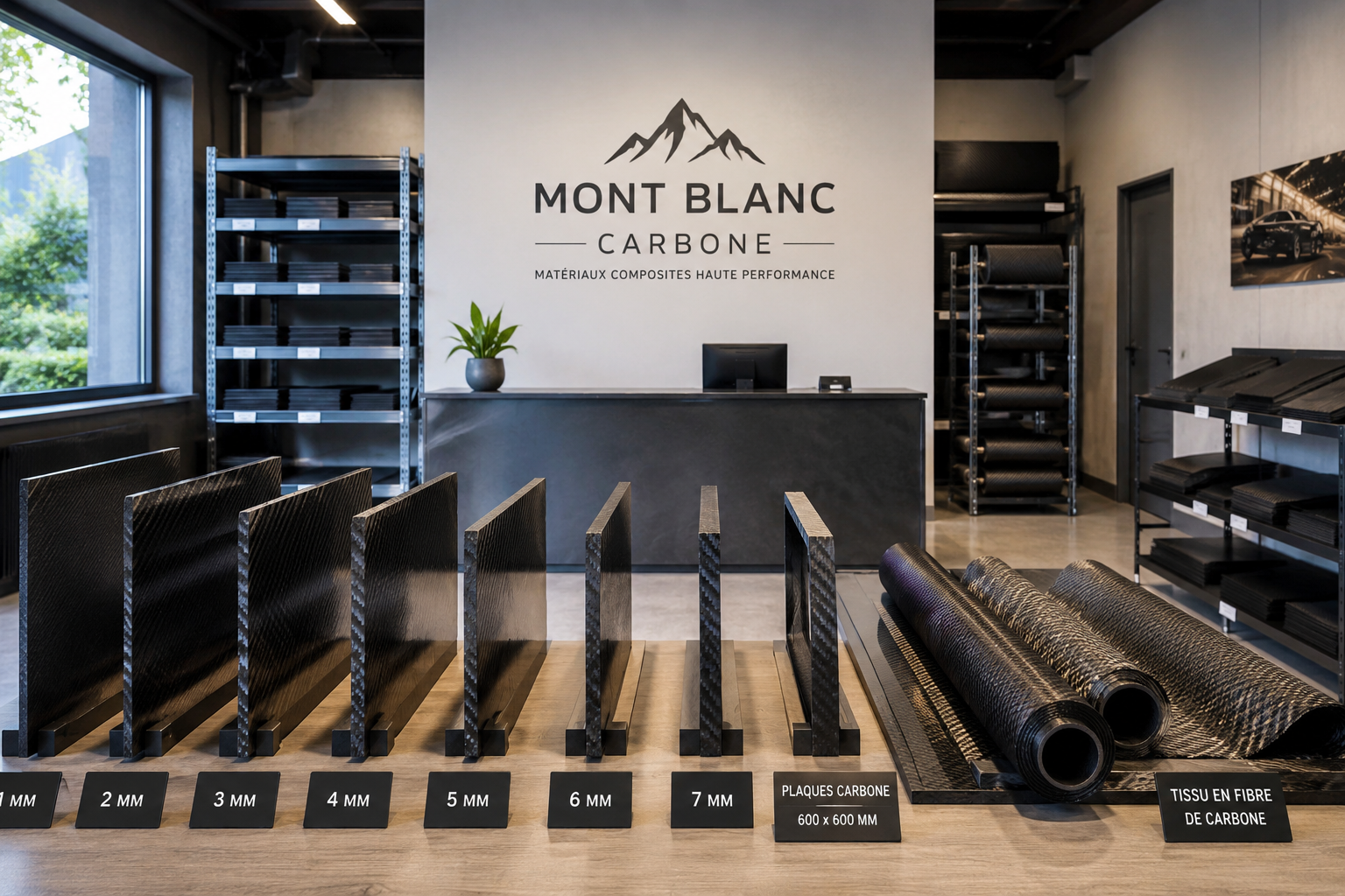 Showroom Mont Blanc Carbone avec plaques et tissus en fibre de carbone
